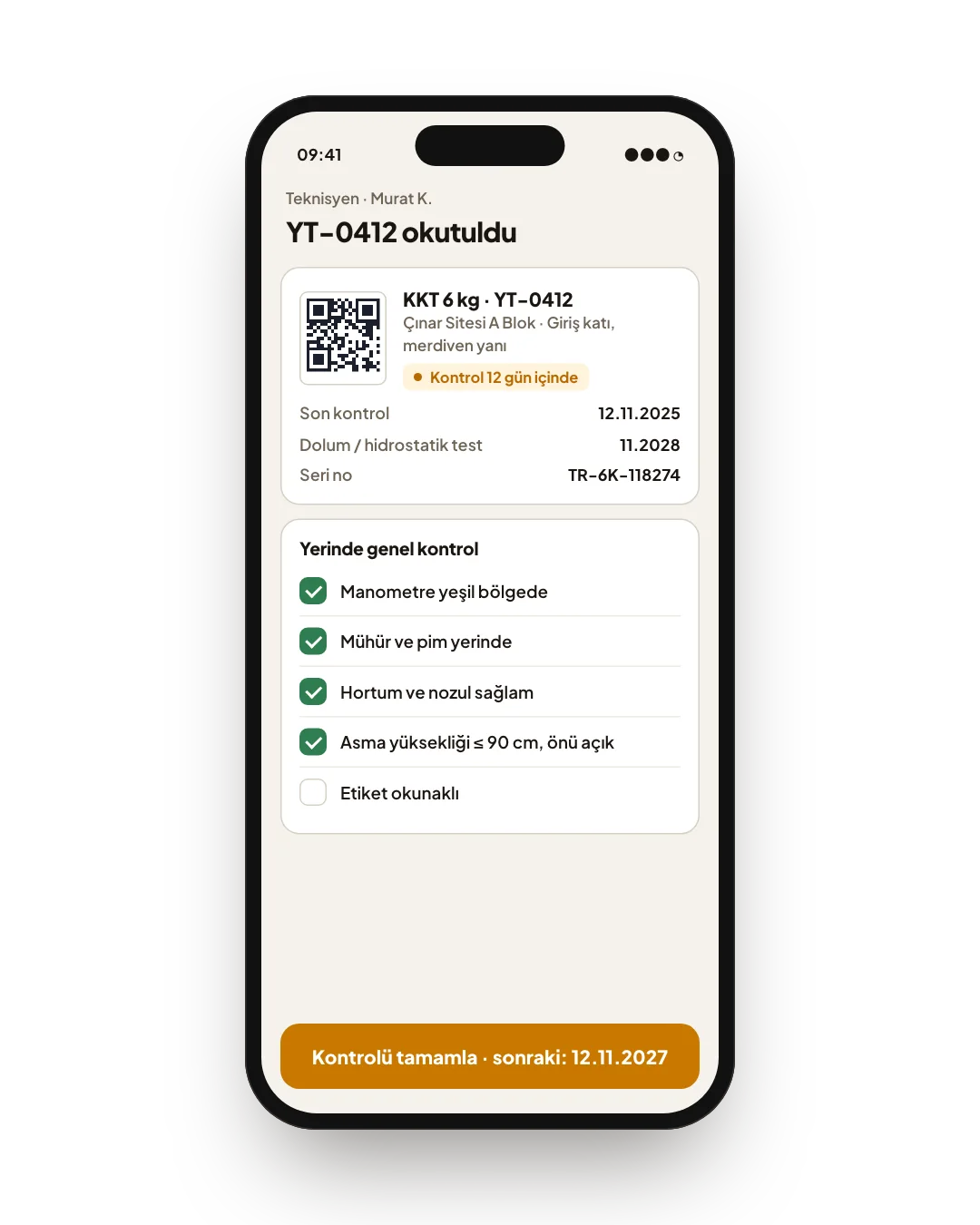 Servisim ekranı: QR okutulan tüpün kartı ve tarihleri